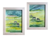 Akwarela ręcznie malowana Pejzaż konie + rama 2szt