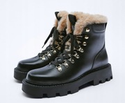 ZARA botki skórzane ocieplane futerkiem, sznurowane czarne trapery, r. 39