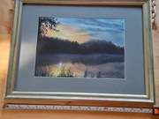 Pejzaż jeziora w ramce -  pastele, sygnowany