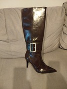 Kozaki na obcasie z klamrą , Bershka brązowe nr 40