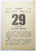 Kartka z kalendarza z 29.01.1982 r. Metryczka urodzin, itp. !! ORYGINALNA !