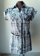 Koszula bluzka krótki rękaw z paskiem niebieska w kratkę M/38 L/40