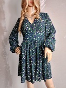 granatowa sukienka damska krótka z długim rękawem 40 we wzory w kwiaty