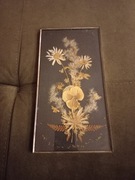 Stary obrazek vintage PRL suszone prasowane kwiaty w metalowej ramce 