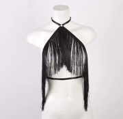 Czarny damski top na ramiączkach z frędzlami - regulowany elastyczny pasek,