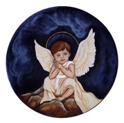 Aniołek dla dziecka (okrągły obraz na drewnie) - pamiątka chrzest, komunia