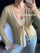Oui Moments L jedwab silk beżowy sweter rozpinany wiązany