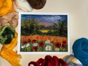 Ręcznie wykonany obraz z wełny czesankowej. Pole makowe