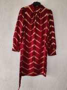 Elegancka sukienka bordo i złoto, midi, z paskiem, nowa, S
