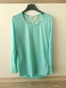 Miętowy dłuższy cienki sweter z koronką na plecach i rozcięciami S M