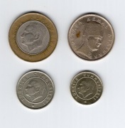 1 lira 2014, 100000 lir 2000, 25 kuruszy 2009, 5 kuruszy 2009 Turcja 4szt
