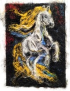 Koń w Ruchu – Obraz z Włókien, Mocne Kontrasty, Rękodzieło 100x70