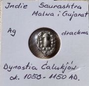 INDIE Drachma Saurashtra Malwa i Gujarat Dyn. Calukjów 1050 - 1150 A.D Ag