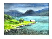 Cisza fiordu Original Akwarela A4
