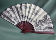 Duży zabytkowy chiński wachlarz drewniany Pergamin krajobraz i wiersze