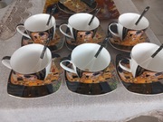 Komplet 6 filiżanek Klimt Pocałunek Queen + łyżeczki + patera + taca    