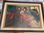 Stary duży obraz olejny na płótnie scena biesiadna