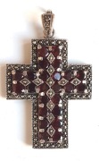 Piekny duzy KRZYZ vintage SREBRO 925, GRANATY i MARKAZYTY zawieszka