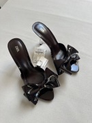 ZARA brązowe klapki obcas szpilka lakierowana skóra kokarda NOWE 41