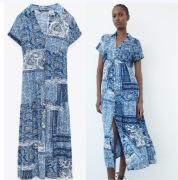 ZARA sukienka koszulowa z nadrukiem i falbanami, niebieska, r. XS/S