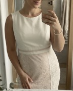 Elegancka sukienka mi ni kremowa z koronką wizytowa letnią 38/40 super stan