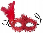 Maska wenecka karnawałowa z piórami - czerwona ze wstążkami - 1 szt.