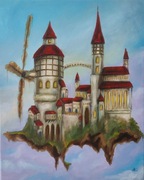 Obraz olejny surrealizm " Wędrowny bastion"  40/50 cm A.Groński 