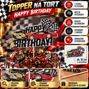 Topper na tort auta wyścigowe Happy Birthday 16 cm – samochody rajdowe