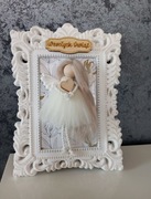 Aniołek w ramce makrama prezent na chrzest, święta
