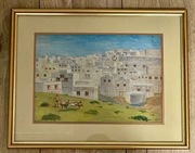 Obraz antyk (Widok miasta) malowany akwarelą, sygnowany, w złotej ramie 