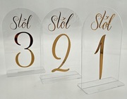 Numery na stół na wesele Złote numerki na przezroczystej plexi 4szt