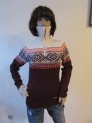 KARI TRAA damski sweter stójka brązowo-kremowy wzory 50% wełna _ XS