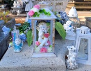 ZNICZ DUŻY SZKLANY 29cm ANIOŁ SOLARNY LAMPION + 10 LED DEKORACJA NAGROBNA 