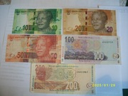 Banknoty RPA o nominałach10, 20 50,10, 200 rand " wielka piątka afryki"