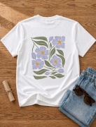 Biała Koszulka 100% Bawełna nadruk kwiaty przód mały tył duży