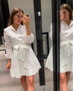 ZARA sukienka koszulowa z ażurowym haftem i paskiem, biała, r. L - M/L