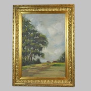 Pejzaż w złotej ramie, olej na desce podpisany 47/62cm poł. XXw