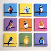 zestaw 9 obrazków z ptaszkami, ręcznie malowane