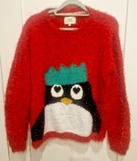 Swetr sweterek świąteczny Papaya M czerwony z pingwinem cekiny błysk