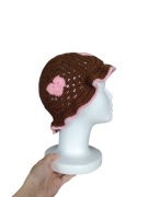 Czapka Bucket Hat Na Szydełku Y2K Brązowa w Różowe Serduszka Handmade