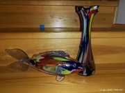 Szklana kolorowa ryba PRL plus wazon komplet