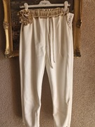 Spodnie damskie  typ masełko białe/śmietanka złoty pas z kwiatem