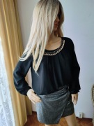 Elegancka czarna bluzka z łańcuszkiem Made in Italy wieczorowa wizytowa 