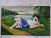 Duży Obraz Na Płótnie Leżąca Kobieta Nad Jeziorem Scenka Rodzajowa