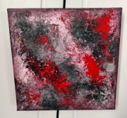 Obraz Abstrakcja 20x20 – Bogata Struktura 3D | Czerń, Czerwień, Srebro