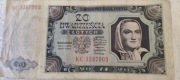 Banknot 20 zł z 1948 r , poszukiwana przez kolekcjonerów seria KC
