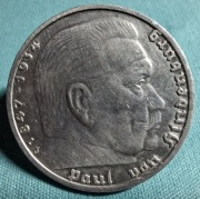 Moneta srebrna Niemcy 5 Marek Hindenburg 1939 J