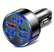 Super Szybka Ładowarka Samochodowa. 4xUSB 2xUSB-C+Wyświetlacz Napięcia 
