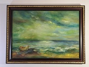 Obraz olejny „Łódź na morzu”J.Januszewska,1989r.Galeria Sztuki Gliwice