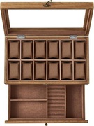 Dwupoziomowe drewniane pudełko na zegarki i biżuterię – 12 przegródek
